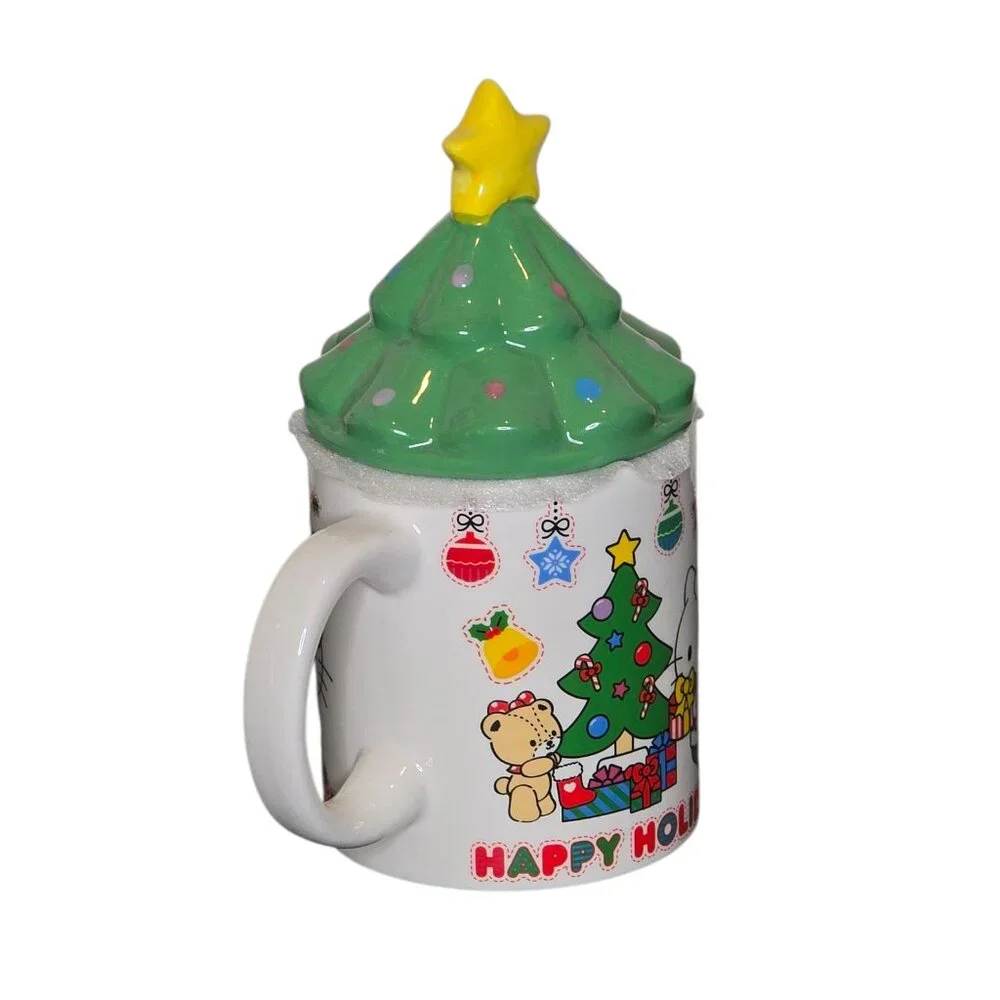 Hello Kitty Christmas Mug Tree Lid Happy Holidays Sanrio Ceramic Cup Kawaii
